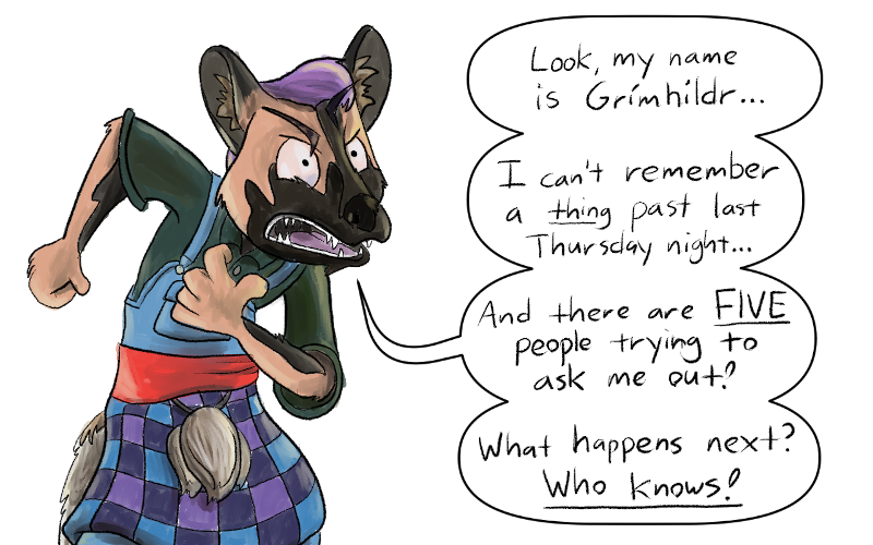 An African Wild Dog, in overalls, a cummerbund, and a kilt, lamenting about their issues