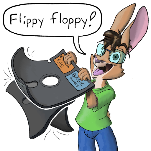 Topaz waving a 5.25 inch floppy disk in the air.