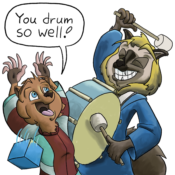 A worker turns to the manager, who is drumming, and drops the bit.