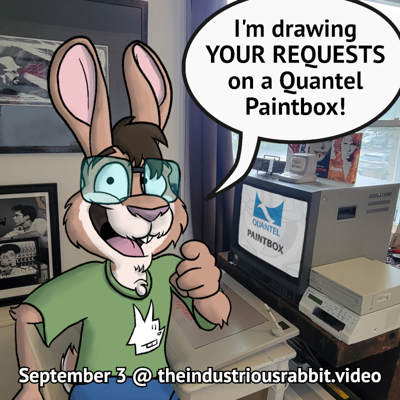 Anthropomorphic rabbit sitting at Quantel Paintbox announcing that he will draw your requests on September 3rd