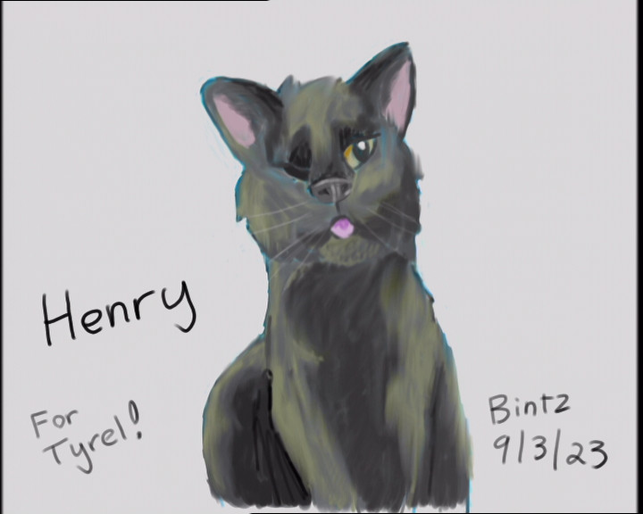 A digital painting of a one-eyed black cat, incorrectly titled as Henry