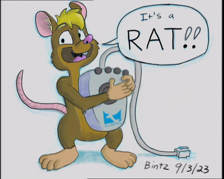 A cartoon rat holding a Quantel RAT