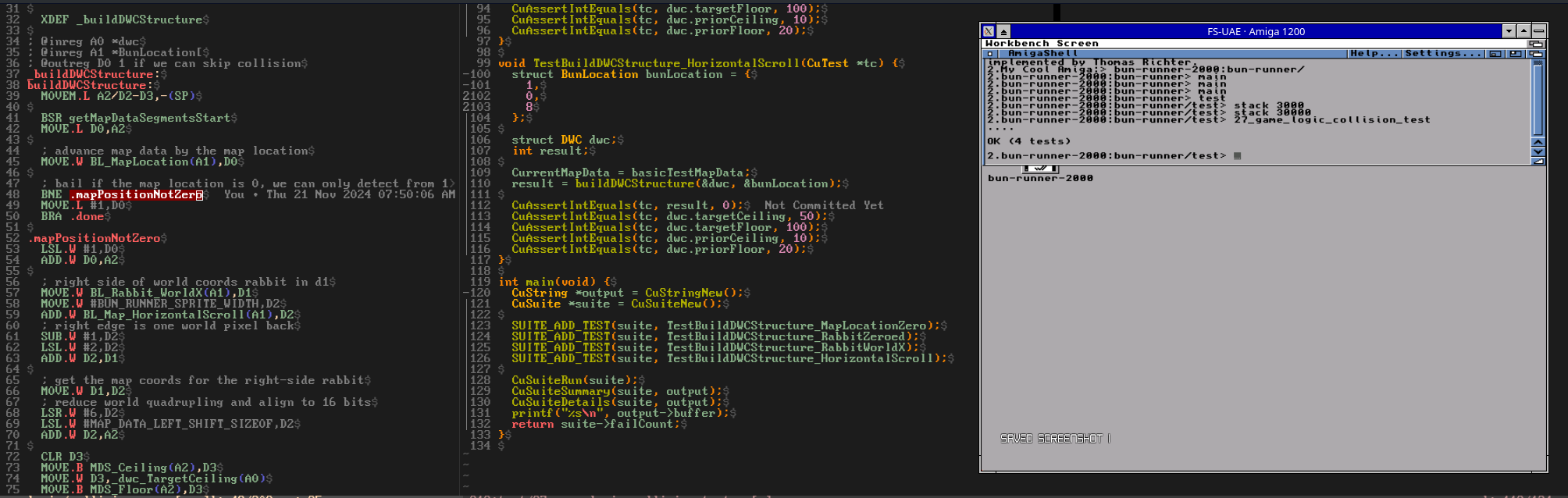 Console window showing assembler and C unit test code, as well as test runner results in an emulated Amiga