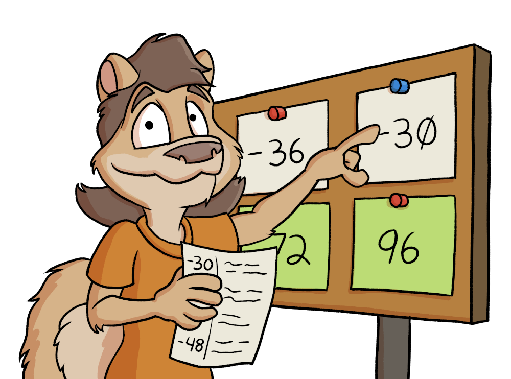 Anthropomorphic female squirrel in front of a bulleting board with cards with numbers